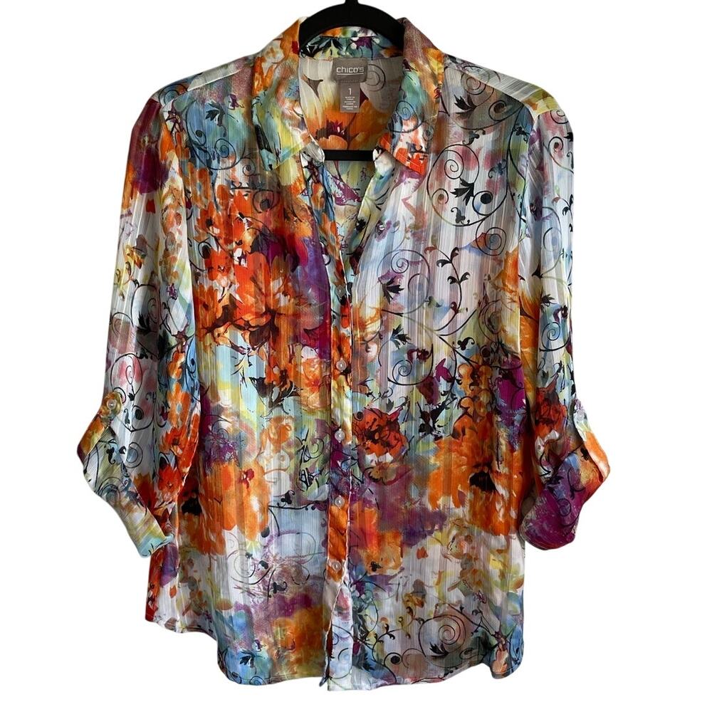 Chico’s Semi-Sheer Button Up Blouse Sz M Colorful Floral Roll Tab Sleeves Artsy